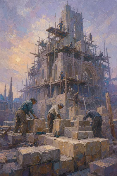 Pintura a óleo de uma catedral em construção, cada nível erguido sobre o anterior