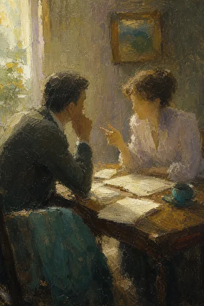 Pintura a óleo de duas pessoas conversando numa mesa, com papéis entre elas