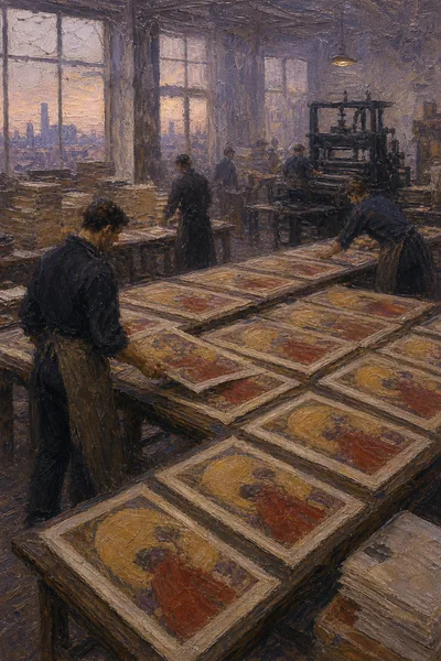 Pintura a óleo de uma oficina de impressão, com dezenas de peças idênticas secando nas mesas