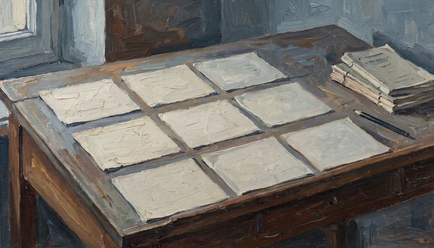 Pintura a óleo de uma prancheta com nove folhas iguais dispostas em três fileiras, e uma pilha de cadernos costurados ao lado