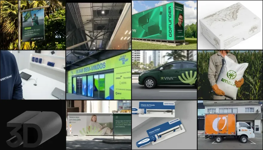 Doze peças de marca da Visant aplicadas: outdoor, frota, embalagem, fachada e loja