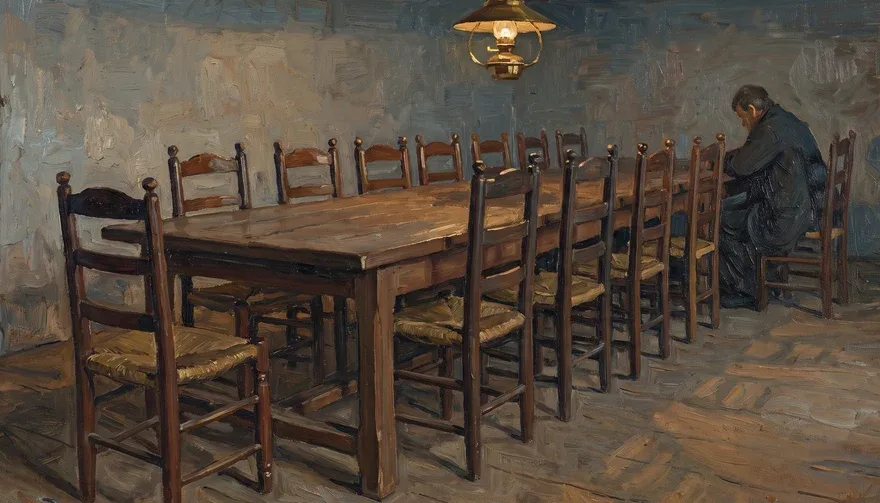 Pintura a óleo de uma mesa comprida com cadeiras iguais enfileiradas, a da ponta puxada e vazia